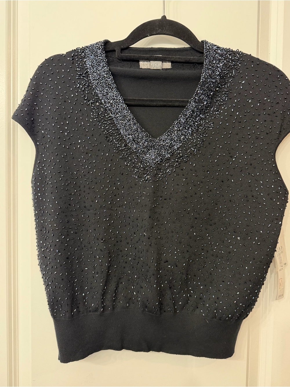 Vintage NWT Black Beaded V-Neck Sweater Top